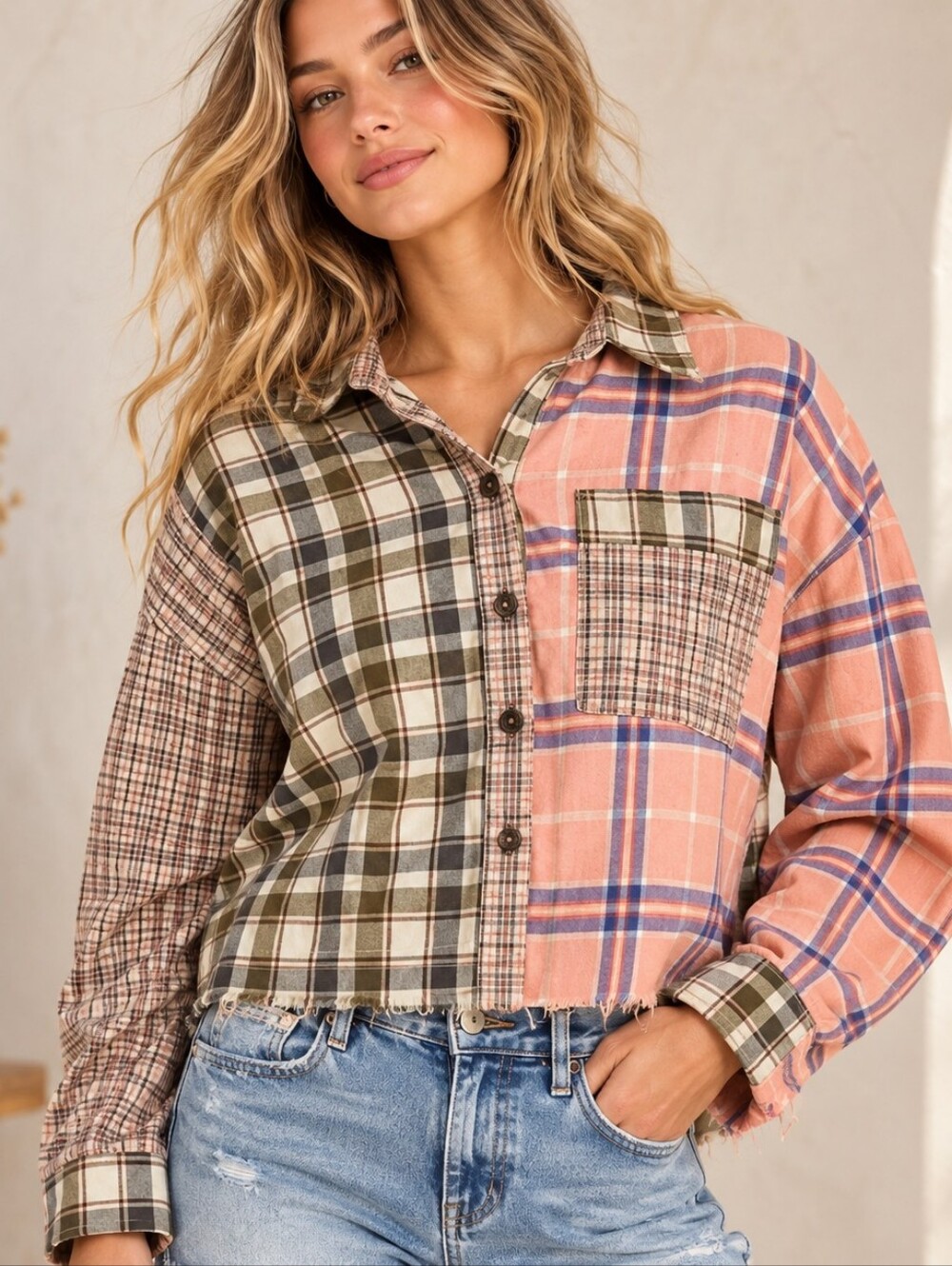 Dance & Marvel Distressed Plaid Button Up [Medium]